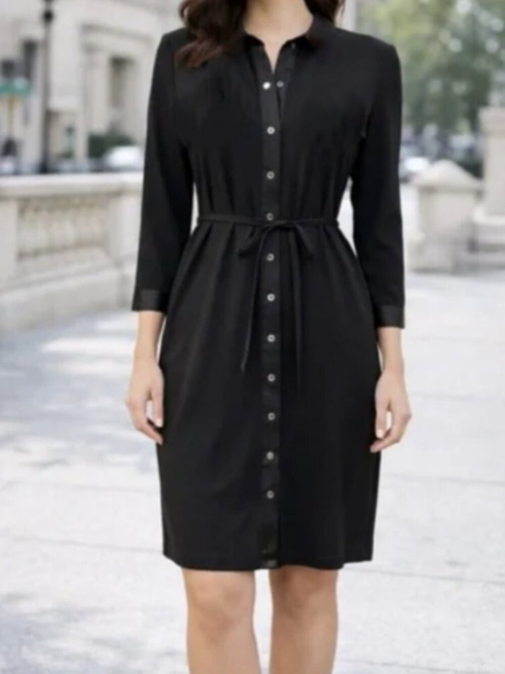 White House Black Market Shirt Dress Black Jersey Satin Trim L/S Belt size M